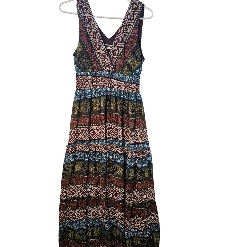 Roz and Ali Brown Teal Olive Cream Maxi Dress Size 8 Boho Aztec Hippie Y2K